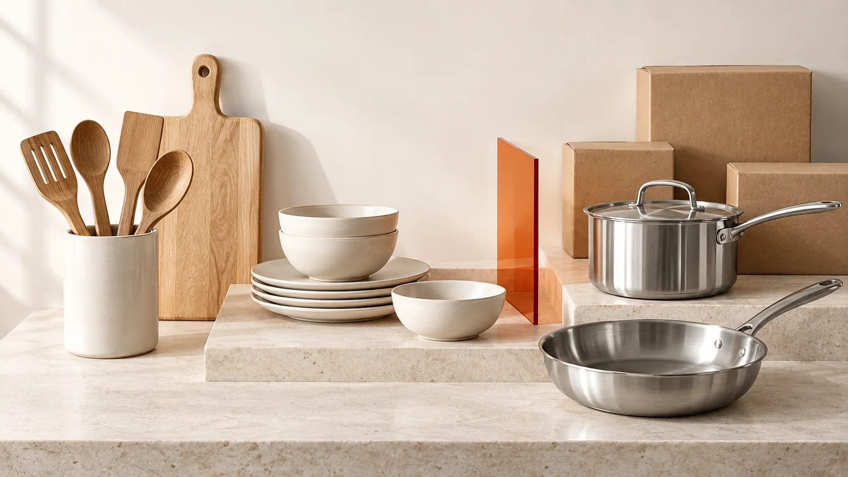 Kitchen assortment on a stone counter: wooden utensils, ivory ceramics and stainless steel cookware arranged in three groups