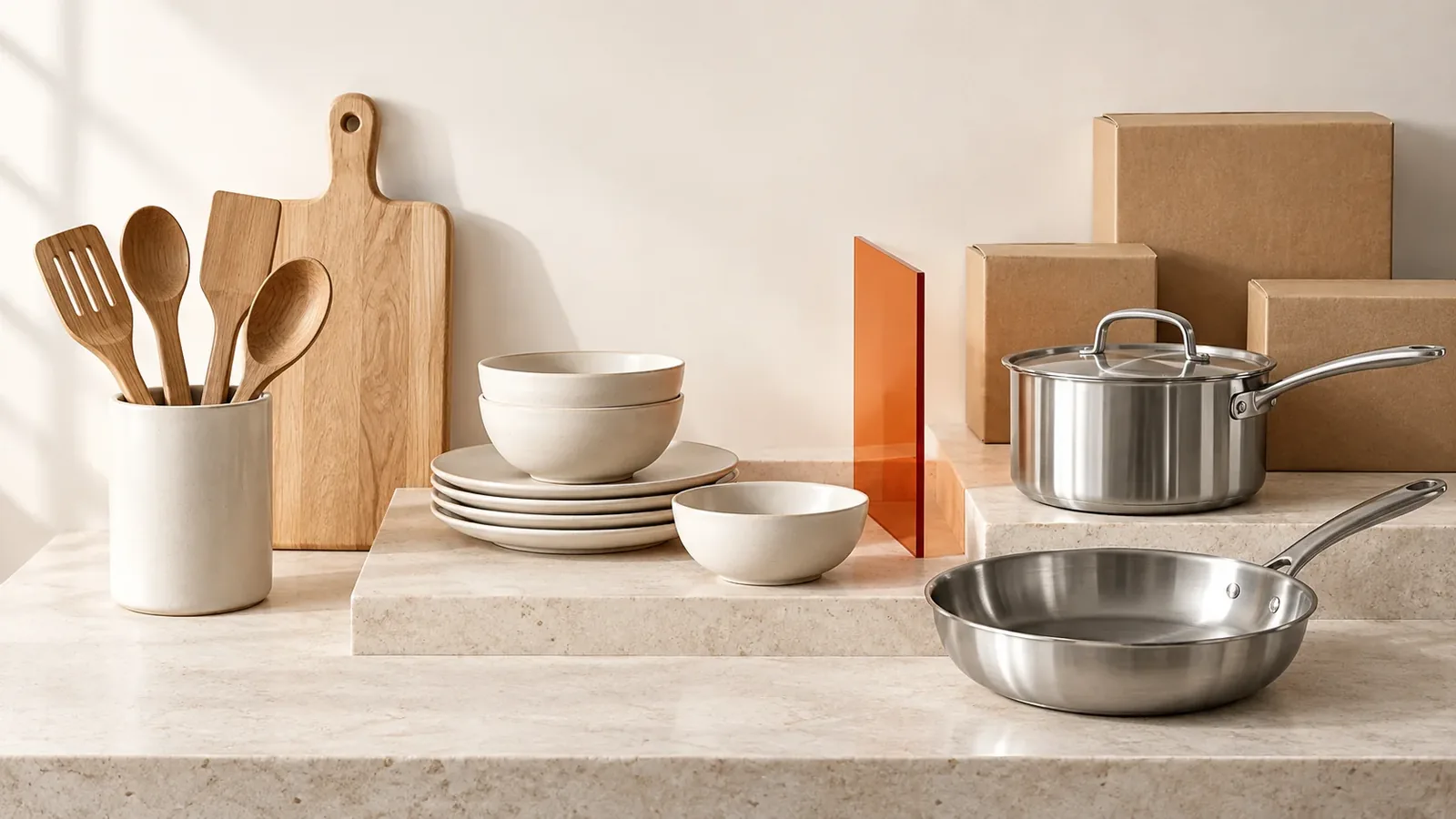 Wooden utensils, ivory ceramics and stainless steel cookware on a stone counter