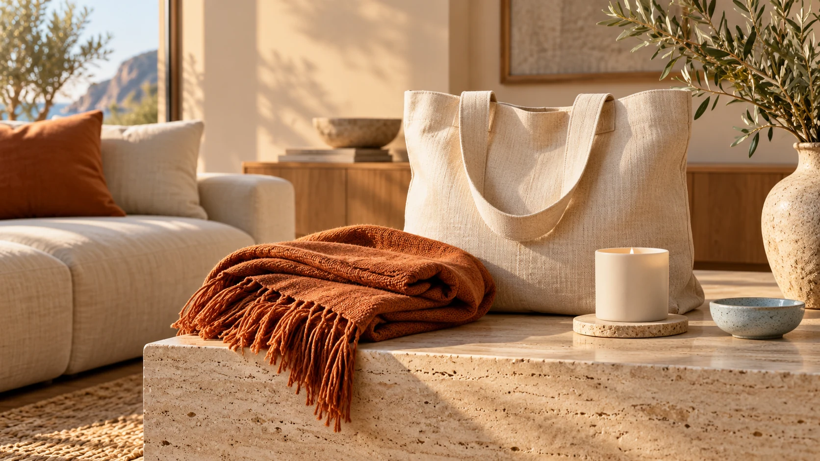 Ivory linen tote, terracotta throw and candle in a sunlit living room