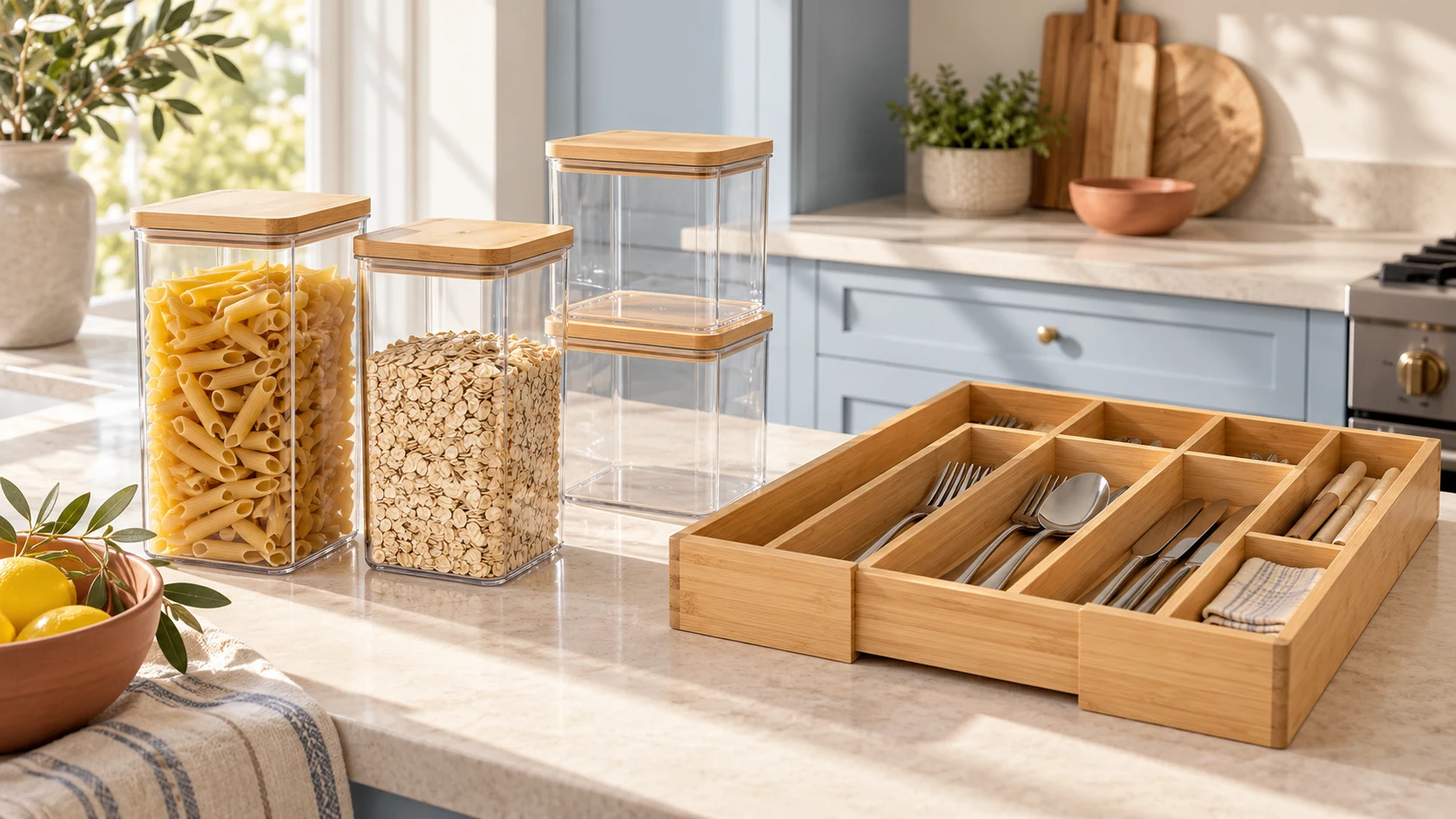 Clear pantry containers with bamboo lids and a cutlery organiser in a bright kitchen