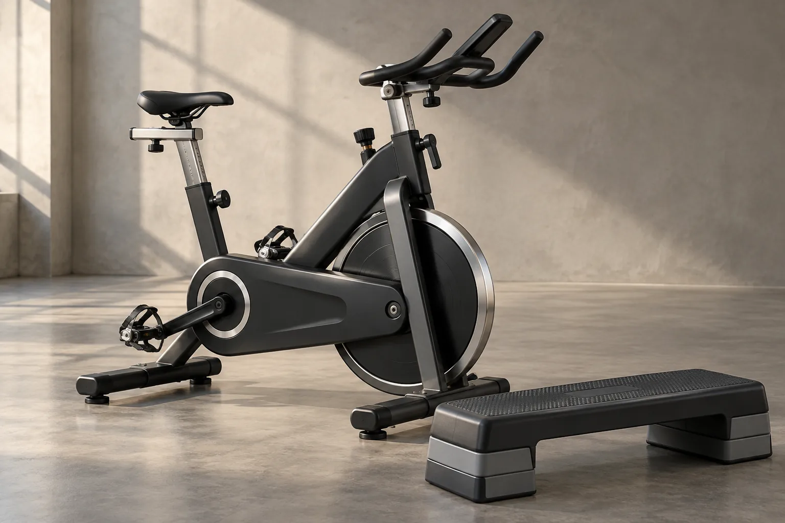Charcoal indoor exercise bike and an aerobic step platform