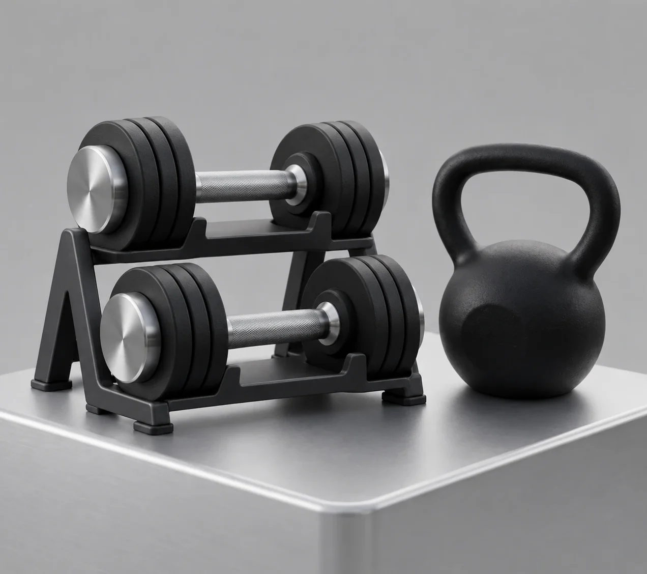 Two dumbbells on a rack and a black kettlebell on a brushed steel plinth