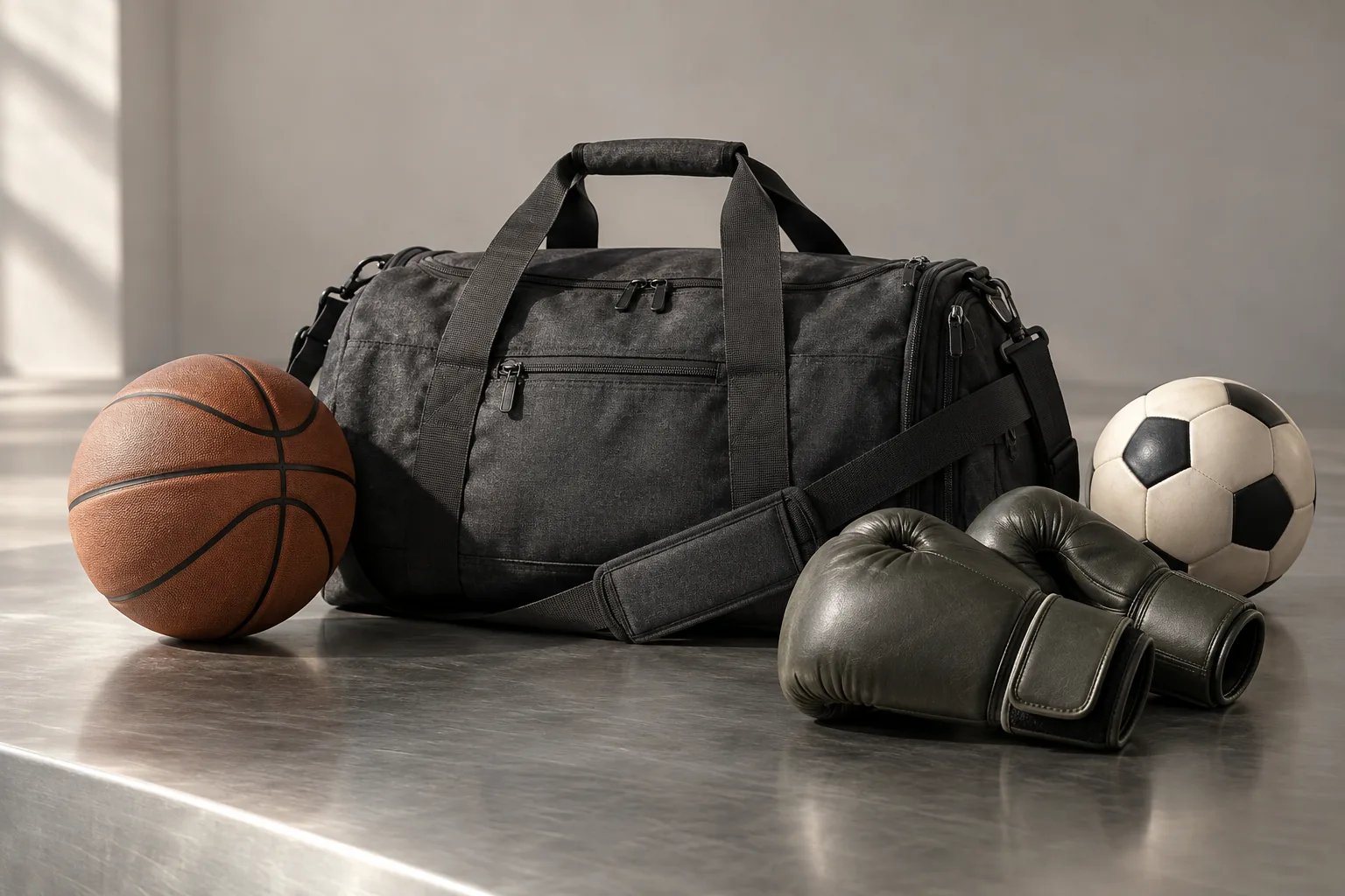 Sports duffel bag with boxing gloves, a basketball and a soccer ball
