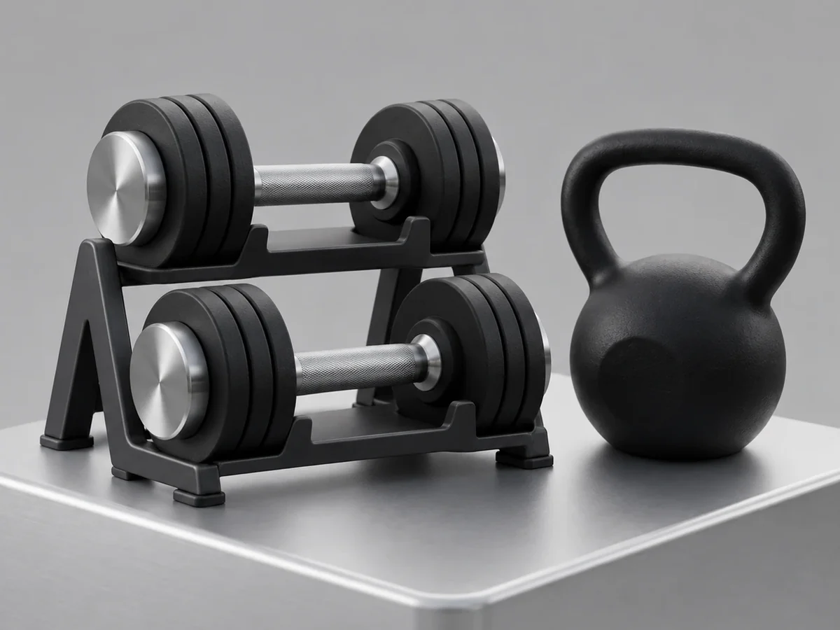 A pair of dumbbells and a black kettlebell on a brushed steel plinth