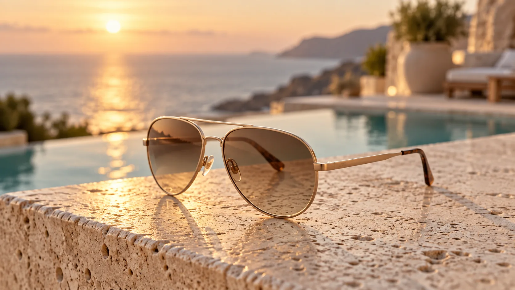Gold-tone aviator sunglasses with brown gradient lenses on travertine beside a sunlit coastal pool