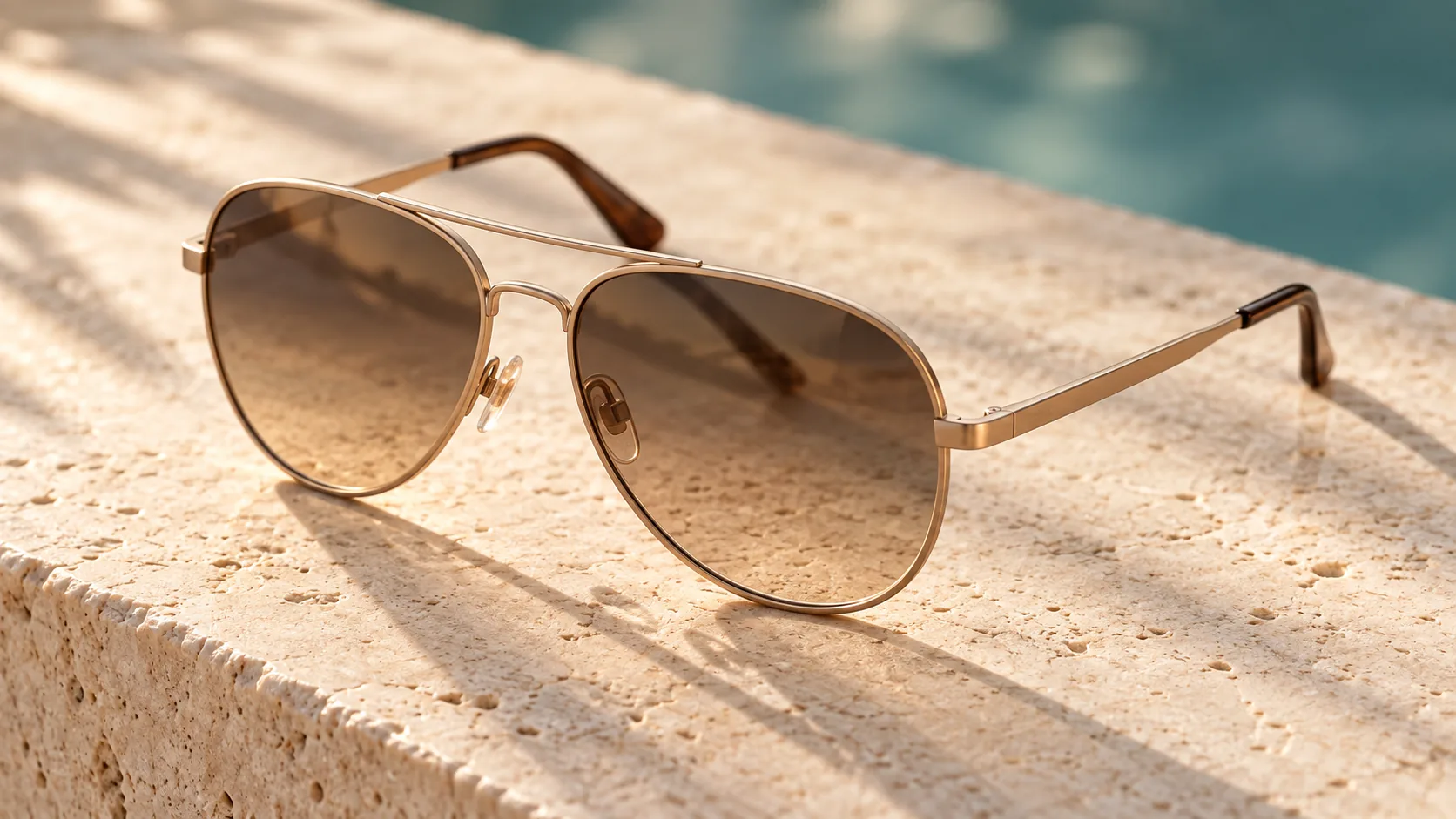 Close view of the fine gold-tone frame, double bridge and gradient lenses of aviator sunglasses on pale stone